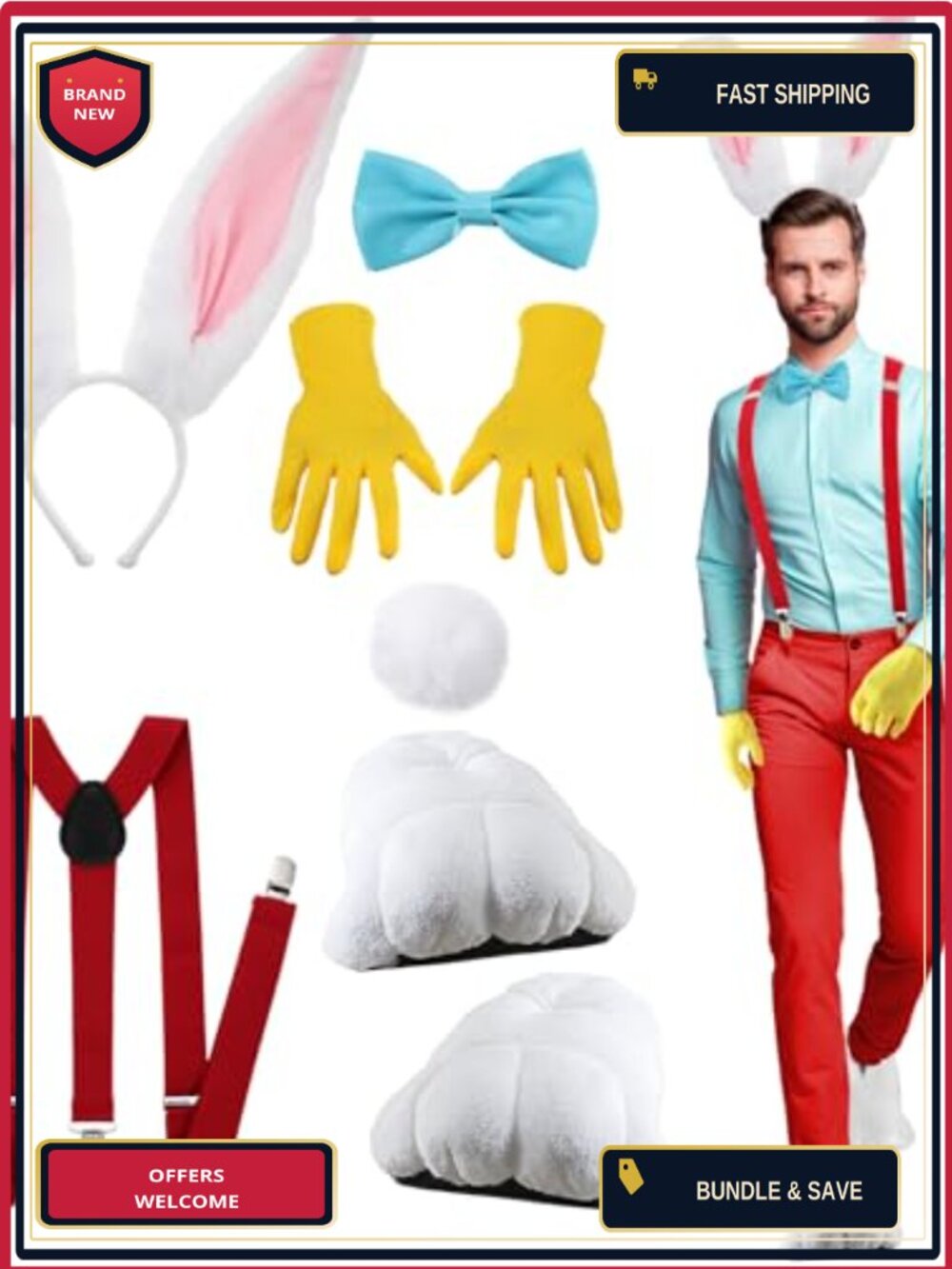 6 Pc Rabbit Costume Accessory Set Faux Fur Ears Fancy Dress Cosplay Party